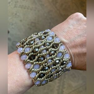 LOFT Beaded Cuff Bracelet Pink and Goldtone Bold Statement Boho